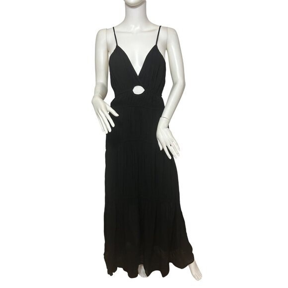 YFB Dress M Black Maxi Tiered Ruched Straps Party Cocktail V-Neck Keyhole Lined - Picture 1 of 16